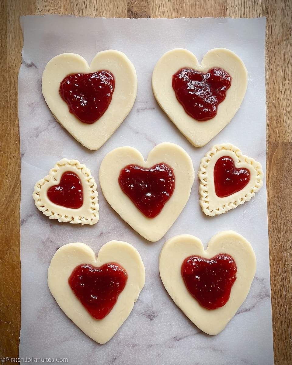 The image shows six heart-shaped dough pieces on parchment paper over a wooden surface, each with two layers: a smooth pale dough base and a glossy red jam dollop centered on three of them. Three small heart-shaped dough cutouts with scalloped edges are placed around the larger hearts. The top layers of jam have a shiny, sticky texture and a rich red color with small dark seeds or chunks visible. The bottom dough layers are plain and soft looking, with slight unevenness. The background is a white marbled texture. photo taken with an iphone --ar 4:5 --v 7