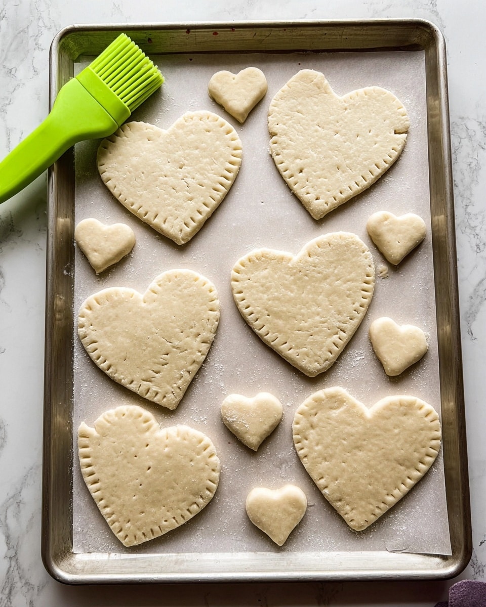A baking tray lined with parchment paper holds five large heart-shaped pastries arranged in a loose circle with the points facing inward, each pastry showing a pale dough texture with small fork marks around the edges and tiny fork holes across the surface. Scattered around these large hearts are eight smaller, solid heart-shaped dough pieces with a slightly rougher edge. On the top left corner of the tray, a bright green silicone pastry brush rests, contrasting with the soft dough and light parchment. The whole setup is placed on a white marbled surface. Photo taken with an iphone --ar 4:5 --v 7