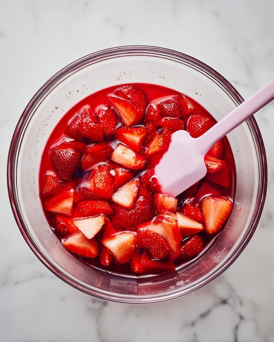 A clear glass bowl sits on a white marbled surface, filled with bright red strawberry pieces soaking in a thick red liquid. A pink spatula rests inside the bowl, partially submerged in the liquid, with its handle extending out toward the right side. The strawberries are cut into various sizes, showing their lighter red insides and small seeds on the outside. The red liquid shines and pools around the fruit, giving a glossy and juicy look. Photo taken with an iphone --ar 4:5 --v 7