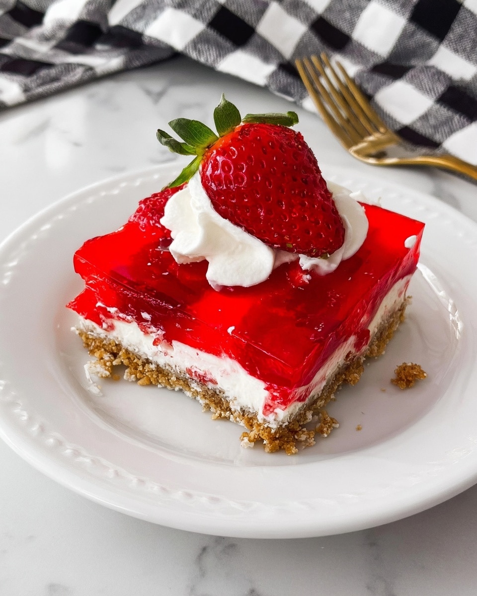 A white plate with a square dessert piece showing three layers: the bottom layer is crumbly and light brown, the middle layer is thick and creamy white, and the top layer is a glossy bright red jelly. On top of the red jelly is a dollop of white whipped cream and a whole fresh red strawberry with green leaves. The plate sits on a white marbled surface next to a black and white checkered cloth. Photo taken with an iphone --ar 4:5 --v 7
