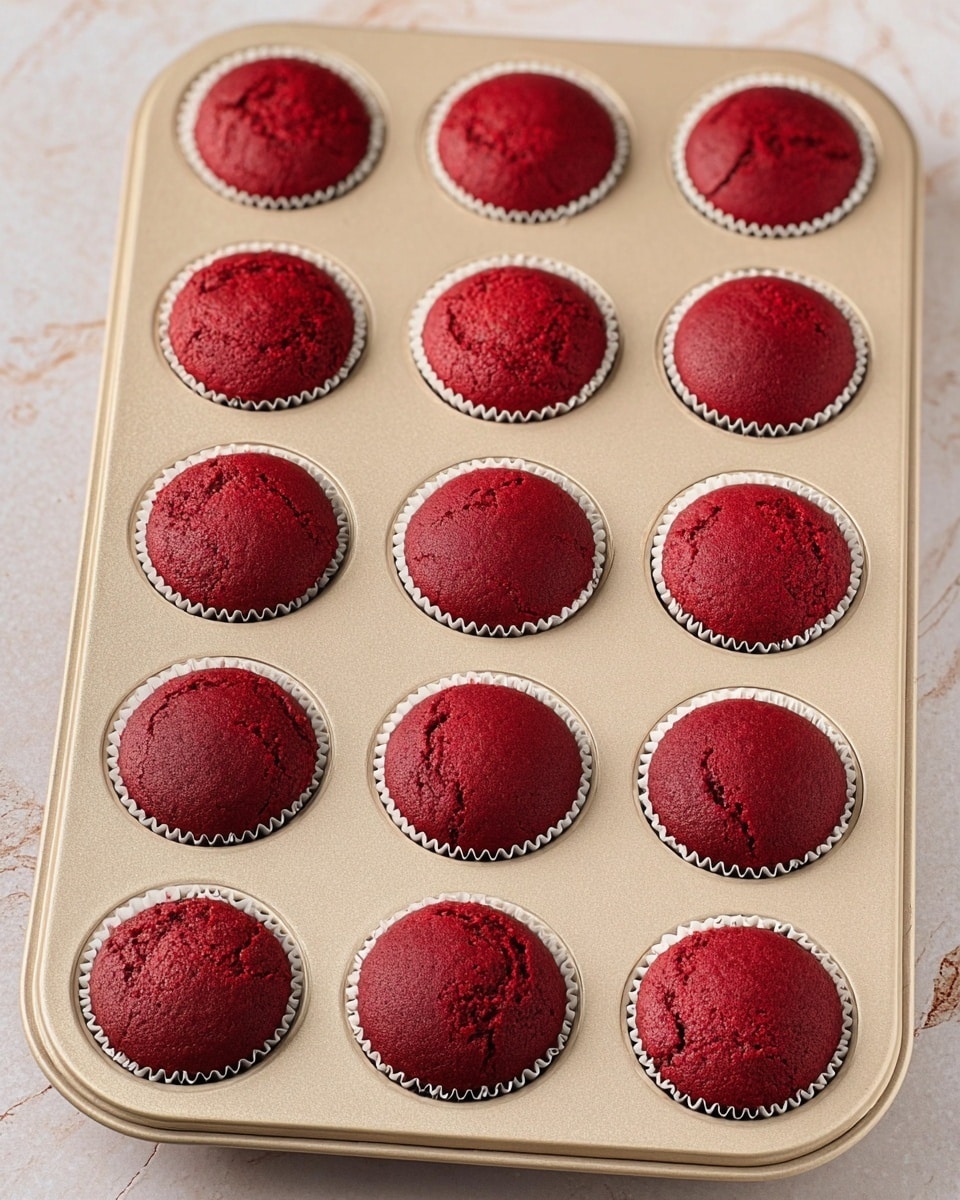 The image shows a beige muffin tray filled with 12 red velvet cupcakes, each in a white paper liner. Each cupcake has a smooth, slightly rounded top with a deep red color, showing small cracks and a soft texture on the surface. The tray is placed on a white marbled surface, highlighting the contrast between the bright red cupcakes and the neutral background. photo taken with an iphone --ar 4:5 --v 7