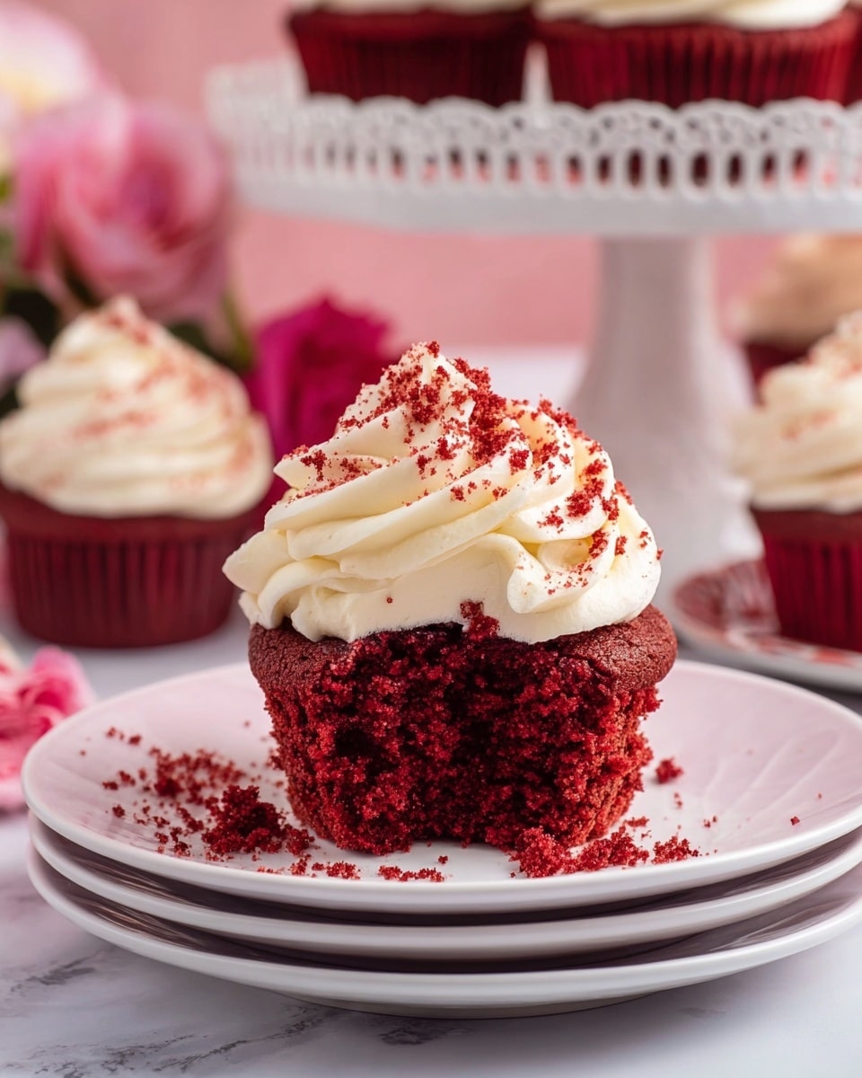 A close-up of a red velvet cupcake with two main layers: the bottom layer is dark red and moist with a rich texture, while the top layer is a thick swirl of creamy white frosting sprinkled with fine red crumbs. The cupcake sits on a stack of three white plates with some red crumbs scattered around it. In the blurry background, there are more red velvet cupcakes with the same frosting on a white cake stand and around it, set against a soft pink backdrop with hints of white and pink flowers. The surface beneath the plates has a white marbled texture photo taken with an iphone --ar 4:5 --v 7