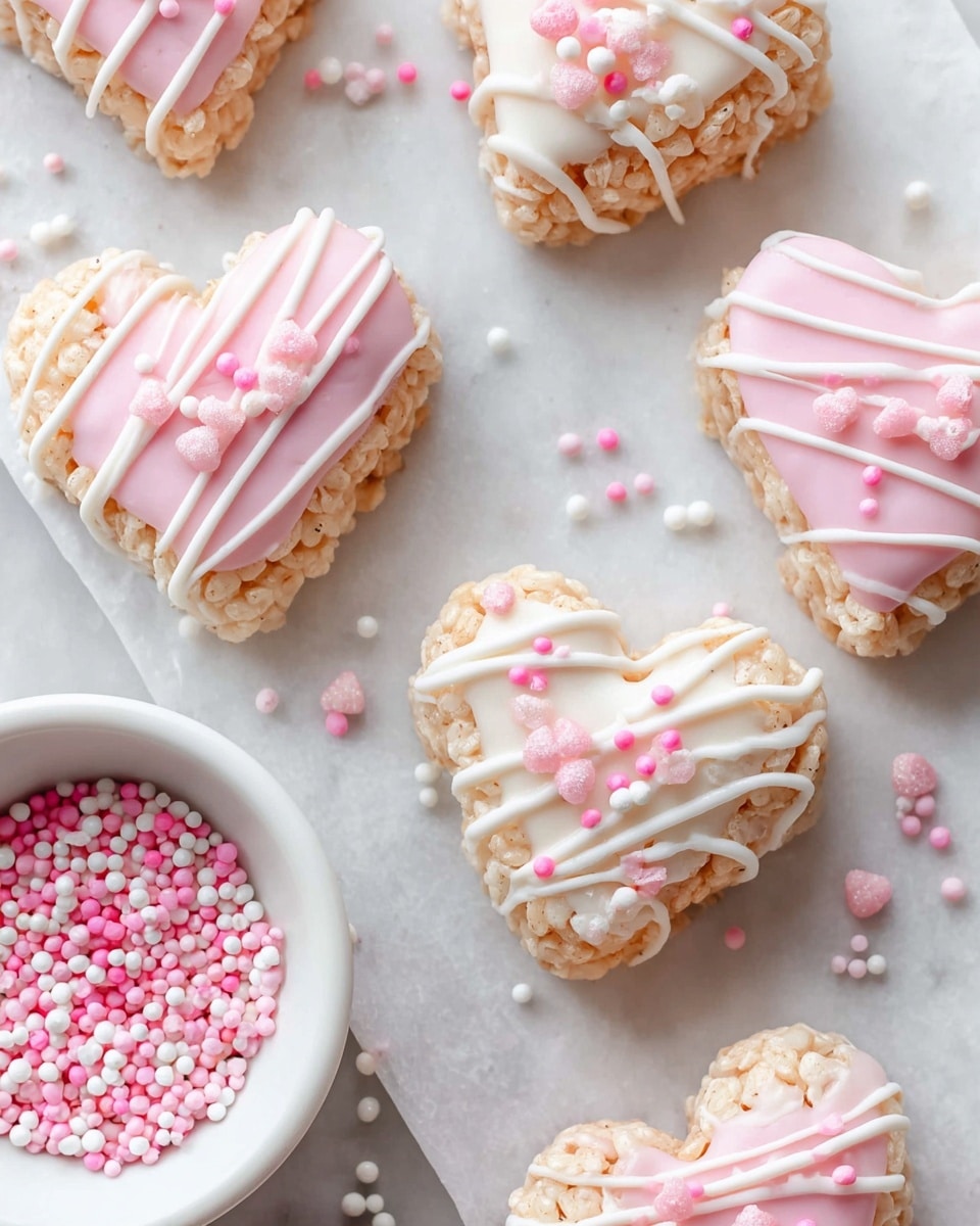 Heart-shaped rice treats are placed on a white marbled surface, each with two main layers: a light tan crispy rice base and a smooth coating of either pale pink or white icing that covers part or all of the treats. Over the icing and base, thin white drizzle lines add texture, and small round sprinkles in pink and white are scattered on top and around the treats. A white bowl filled with more pink and white round sprinkles sits to the side, adding contrast to the scene. The overall look is soft, sweet, and festive with a mix of smooth and crunchy textures. photo taken with an iphone --ar 4:5 --v 7