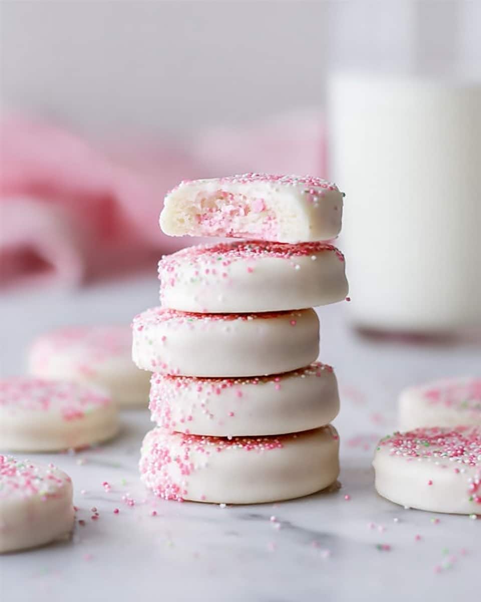 A stack of five round white-covered sandwich cookies stands in the center, each cookie coated in smooth white chocolate with a dusting of pink sugar on top. The cookies show a slightly soft texture around the edges where the coating is thicker. Around the stack, several more similar white-coated sandwich cookies lay flat on a white marbled surface, some with a light pink sugar dusting. In the background, a glass of milk slightly out of focus adds a soft touch to the scene. The overall setting feels bright and clean, with pastel colors softly blurred, emphasizing the white and pink hues on the cookies. Photo taken with an iphone --ar 4:5 --v 7