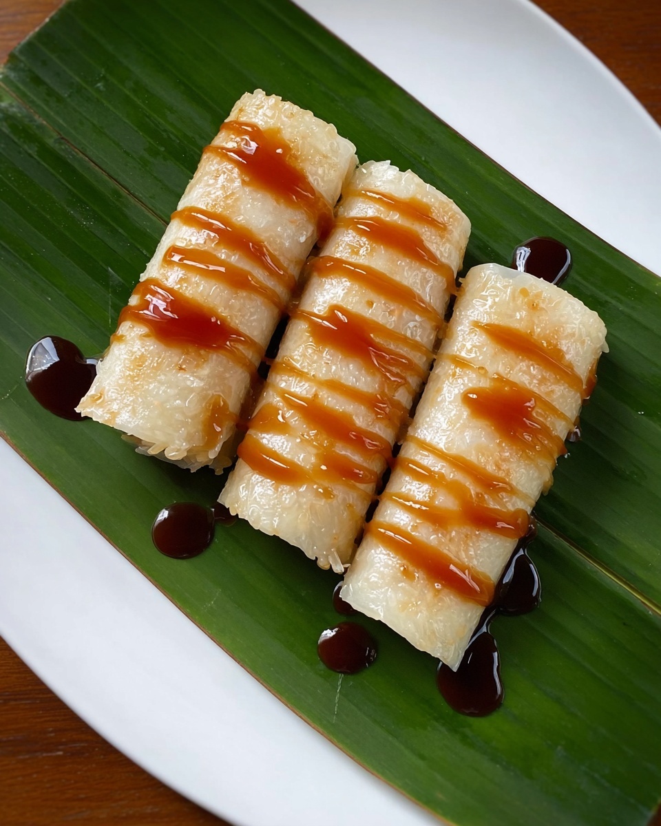 Three pale, cylindrical sticky rice rolls lie side by side on a large white plate lined with a dark green banana leaf. Each roll has a smooth, slightly shiny surface and is drizzled with a thick, amber-colored syrup that runs in even lines across the top. Small dark beads of syrup gather underneath the rolls on the banana leaf, adding contrast and texture. The plate sits on a white marbled surface, creating a clean and simple setting. photo taken with an iphone --ar 4:5 --v 7
