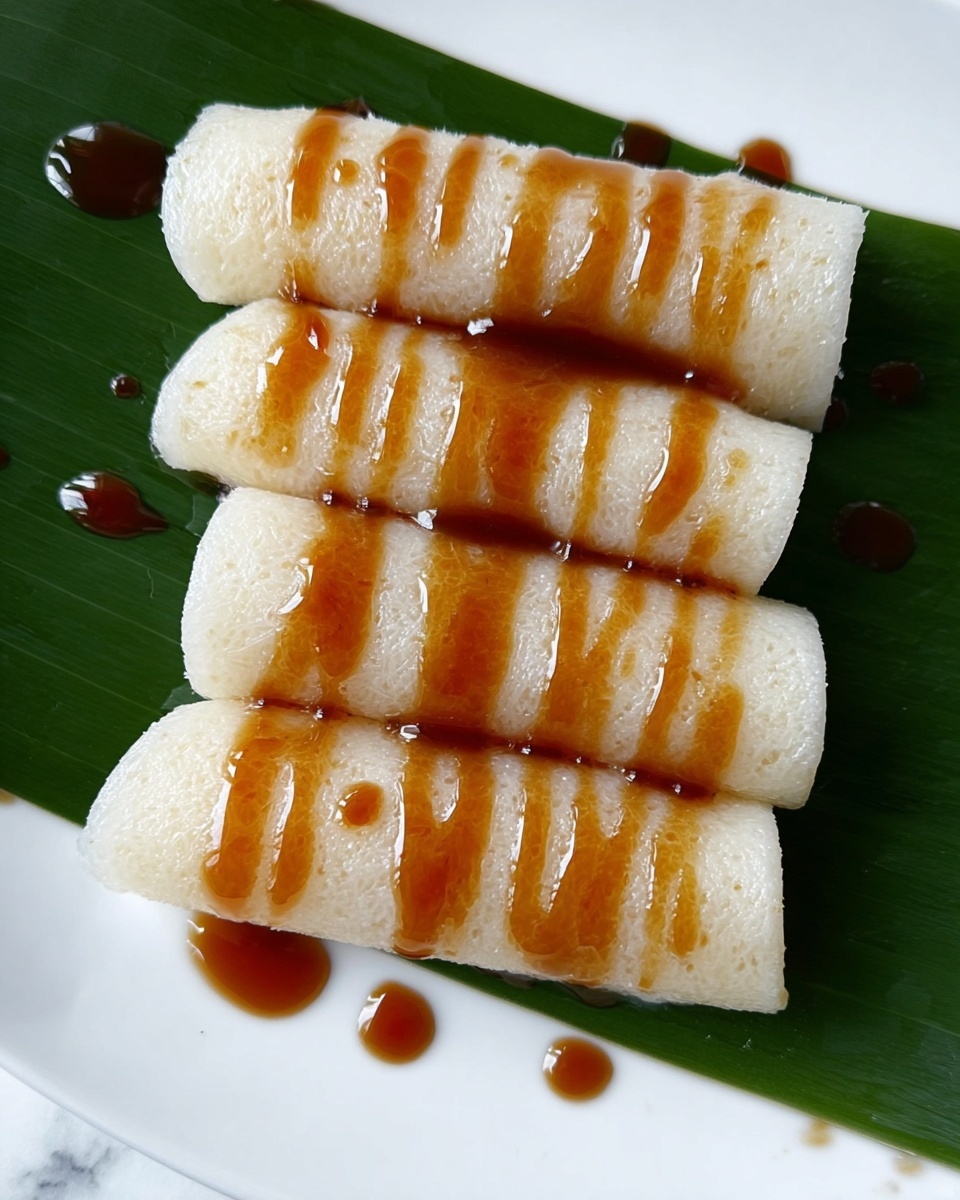 Three pale white, smooth-textured roulades are arranged side by side on a dark green leaf, placed on a white plate with a white marbled texture background. Each roulade is drizzled with shiny golden caramel sauce in thin, wavy lines running across the length, giving a glossy contrast to the soft, light-colored surface. The caramel pools slightly under the roulades, adding depth to the presentation. photo taken with an iphone --ar 4:5 --v 7