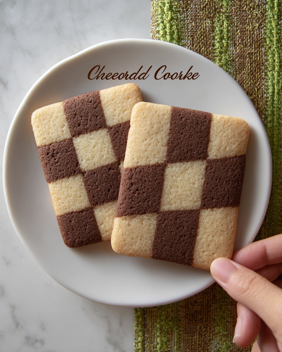 The image shows two square checkerboard cookies placed side by side on a white plate. Each cookie is made from alternating small squares of dark brown and light beige dough, creating a neat checkerboard pattern across both cookies. The texture of the cookies looks slightly crumbly, with clear contrasts between the colors and smooth edges. The plate is on a white marbled surface that adds a subtle, elegant background to the image. The words
