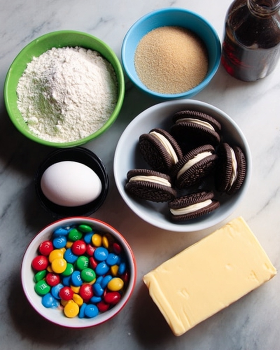 The image shows six small white bowls arranged on a dark mat with a bottle in the background. The top row has three bowls: the left bowl filled with white flour, the middle bowl containing light brown sugar with a crumbly texture, and the right bowl holding stacked dark chocolate sandwich cookies. The bottom row also has three bowls: the left bowl contains a single white egg, the middle bowl is filled with colorful candy-coated chocolates, and the right bowl holds two creamy yellow blocks of butter. The surface beneath is a white marbled texture. photo taken with an iphone --ar 4:5 --v 7