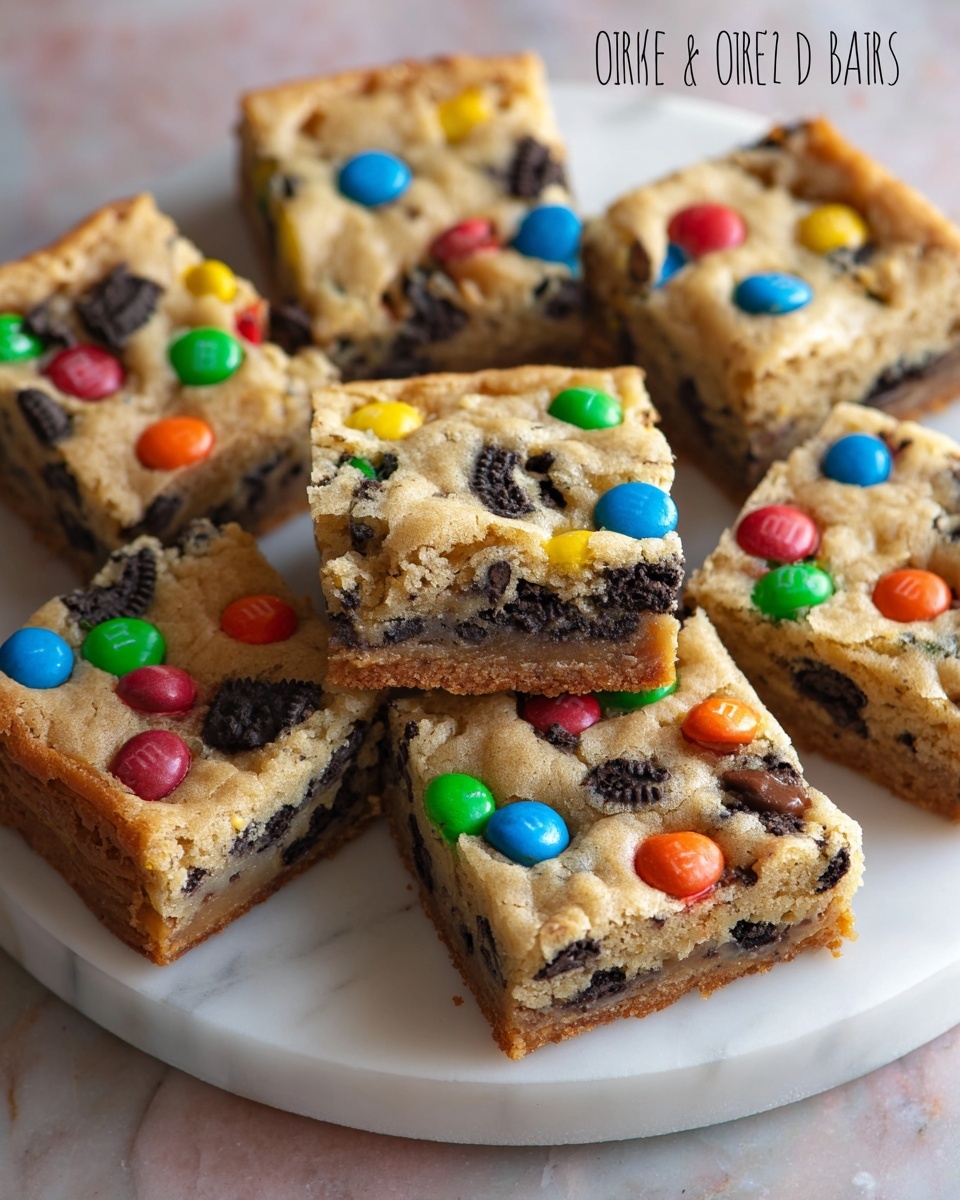 There is a white round plate on a white marbled surface holding eight square cookie bars topped with colorful M&M candies in red, green, blue, yellow, orange, and brown. The cookie bars have a golden brown baked top layer with a soft texture and are thick with visible chocolate cookie chunks inside. The bars are arranged loosely on the plate, showing the backlight that makes their texture clearer, with each bar decorated randomly with differently colored M&Ms on top. The image has bright natural light highlighting the vivid colors and the soft, crumbly surface of the cookie bars. Photo taken with an iphone --ar 4:5 --v 7