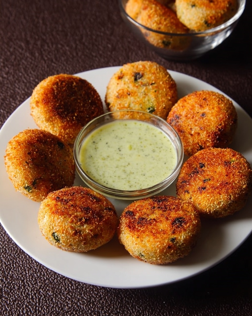 A white plate on a white marbled surface holds eight round, golden brown Rava Kara Paniyaram arranged in a circular shape around a small bowl of pale green chutney in the center. The paniyaram have a crispy, textured outside with small dark specks visible on their surface. In the background, a clear glass bowl filled with more of the paniyaram is placed on the same white marbled texture. Above the food, orange cursive text reads