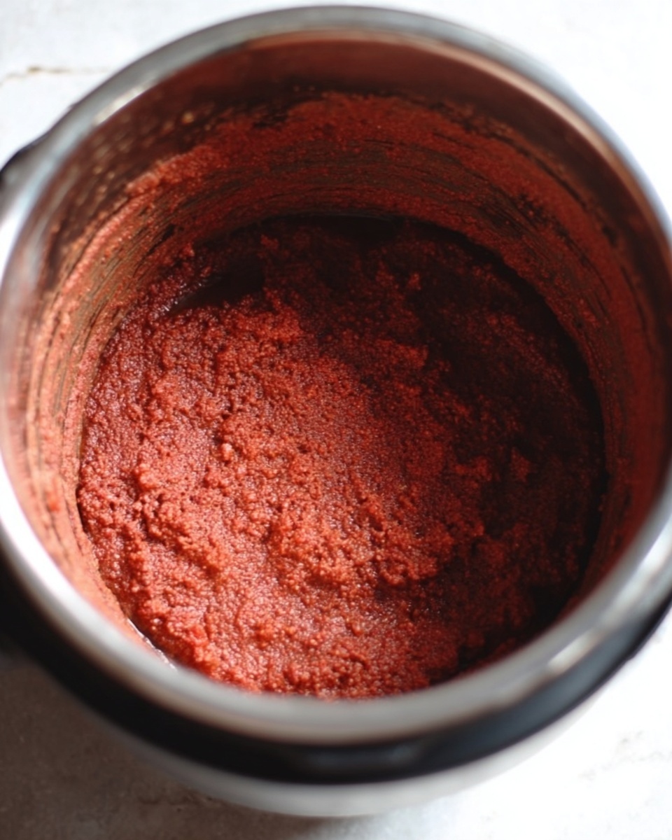 The image shows a close-up of a pressure cooker filled with a thick reddish-brown mixture that has a coarse texture and appears to be cooked or blended. The mixture fills almost the entire cooker, with some residue on the sides. The surrounding area features a white marbled surface with soft, natural light illuminating from the upper left side, casting shadows inside the cooker. The focus is on the textured mixture inside the cookware, with no other items visible. photo taken with an iphone --ar 4:5 --v 7