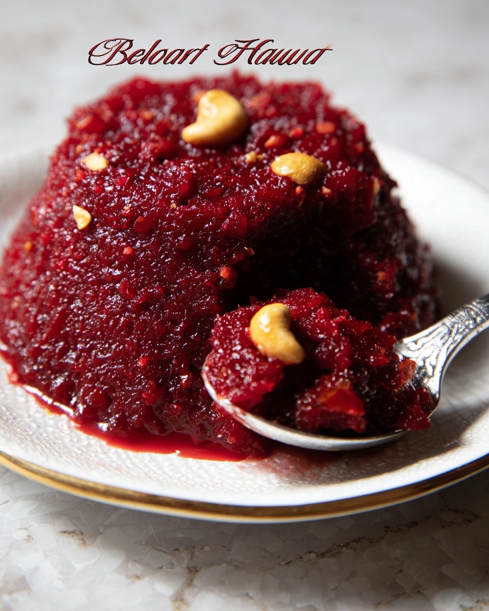 A deep red, glossy mound of beetroot halwa sits on a white plate with a textured, rich, moist appearance. The halwa shows small whole cashew nuts embedded within, adding a light golden color contrast in the thick, smooth red layer. A spoon holds a scoop of the halwa in the foreground, showing the dense, shiny texture and visible nuts. The plate rests on a white marbled surface. photo taken with an iphone --ar 4:5 --v 7