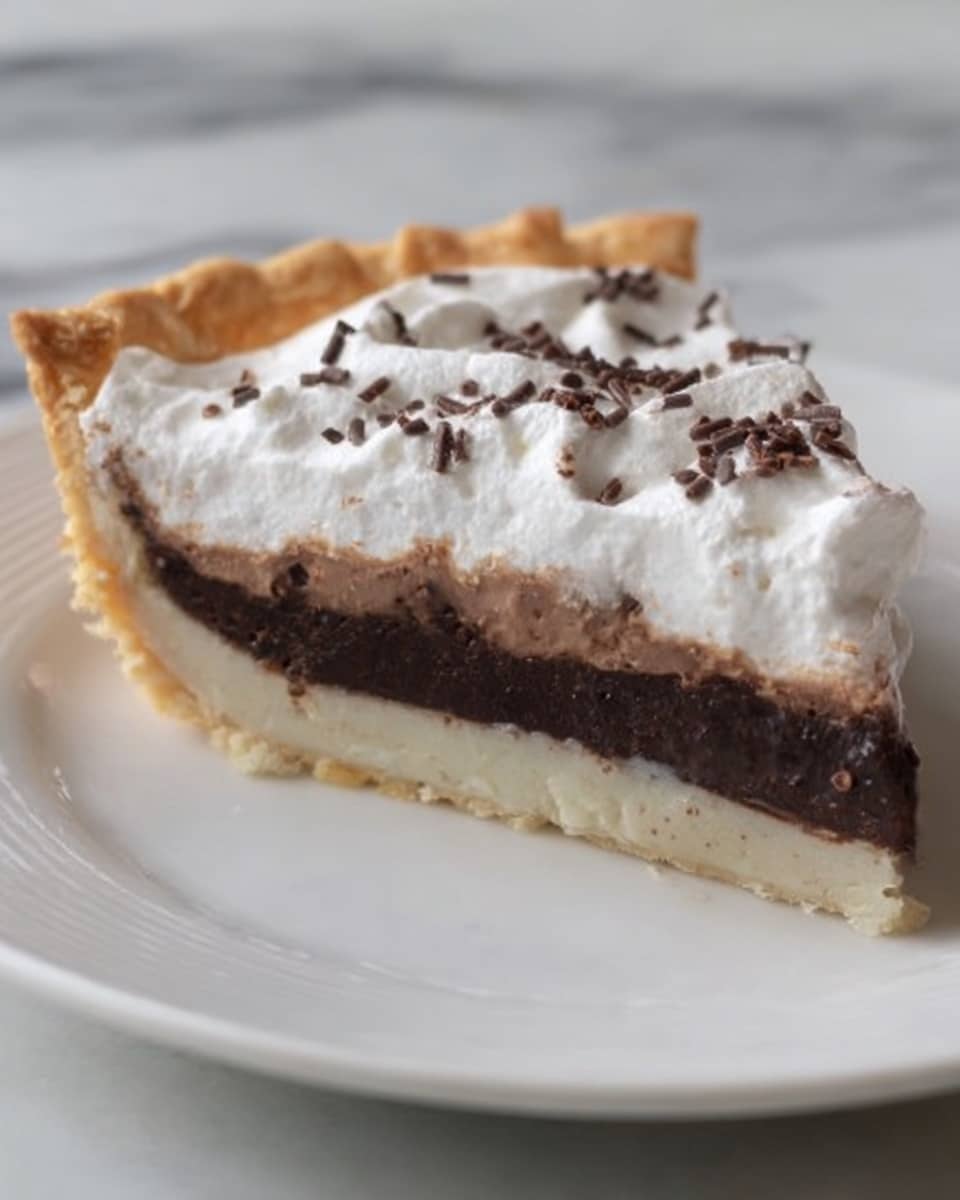 A slice of pie with three clear layers sits on a white plate over a white marbled surface. The bottom layer is a light beige, firm crust that looks crumbly. Above this is a thick, dark chocolate layer that is smooth and dense. The top layer is fluffy white whipped cream with small, dark chocolate sprinkles scattered on it. The edge of the crust is slightly crimped and golden brown. The photo taken with an iphone --ar 4:5 --v 7