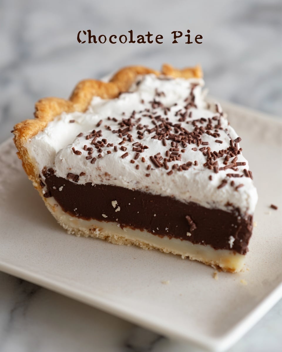 A single slice of chocolate pie sits on a white square plate placed on a white marbled surface. The pie has three clear layers: the bottom layer is a thin, light beige crust with a slightly crispy texture, the middle layer is thick and dark brown chocolate filling, smooth and dense, and the top layer is a fluffy white whipped cream with small brown chocolate sprinkles scattered across its surface. The pie crust forms a slightly crimped edge around the slice, and the lighting softly highlights the textures of the cream and chocolate. photo taken with an iphone --ar 4:5 --v 7