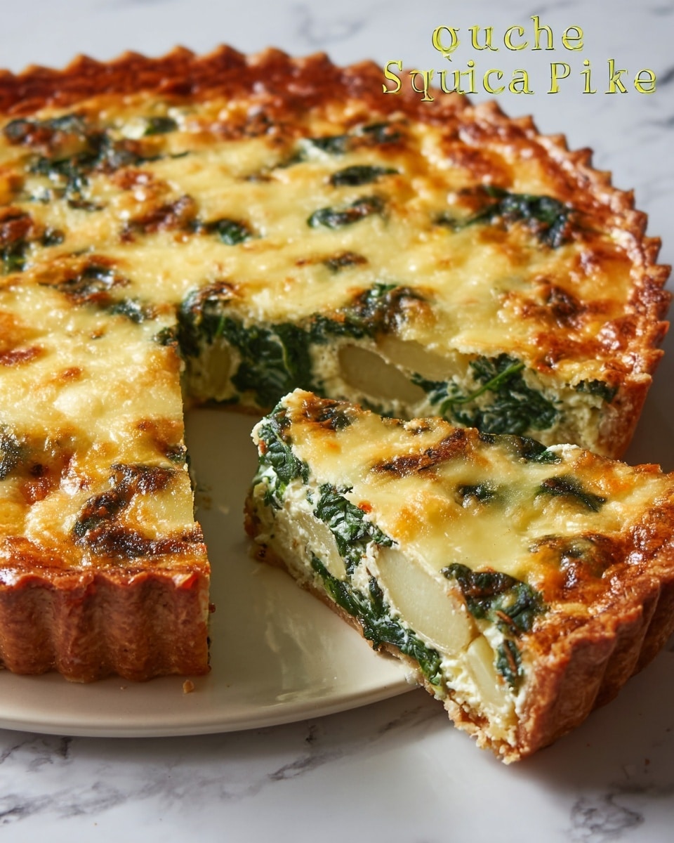 A round quiche is shown with a golden brown crust and a filling that includes green spinach leaves mixed with light yellow melted cheese and soft-looking potato pieces. One slice is slightly taken out, revealing the layers inside: a crispy outer crust, a creamy middle layer with spinach and potato, and a melted cheese top that is slightly browned. The quiche is placed on a white plate with a slightly glossy finish on a white marbled surface. The crust is thick and unevenly crimped, giving a homemade look, while the filling is dense with visible chunks of spinach and potato beneath the cheese layer. photo taken with an iphone --ar 4:5 --v 7