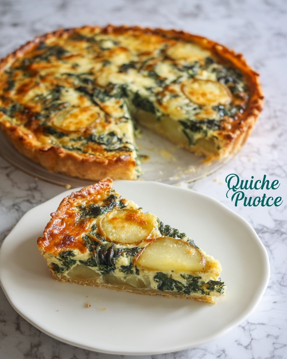 A quiche with a golden brown crust is placed on a white plate. The quiche filling has visible layers of cooked spinach, potato pieces, and melted cheese, giving it a mix of green, light yellow, and slightly browned textures on top. One slice is removed and placed next to the quiche, showing the layers clearly from the side. The background is a white marbled surface. Photo taken with an iphone --ar 4:5 --v 7