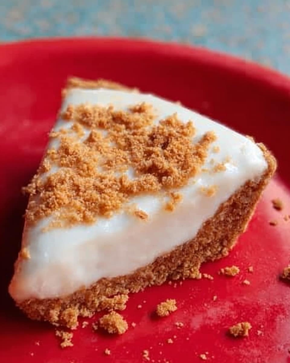A slice of pie is shown on a white plate with a red background. The pie has two layers: a thick crumbly brown crust on the outside and a smooth white creamy filling on top. The crumbly layer looks crunchy, while the white layer is shiny and soft. Small crumbs are scattered around the slice on the plate. The photo is clear and close up. photo taken with an iphone --ar 4:5 --v 7