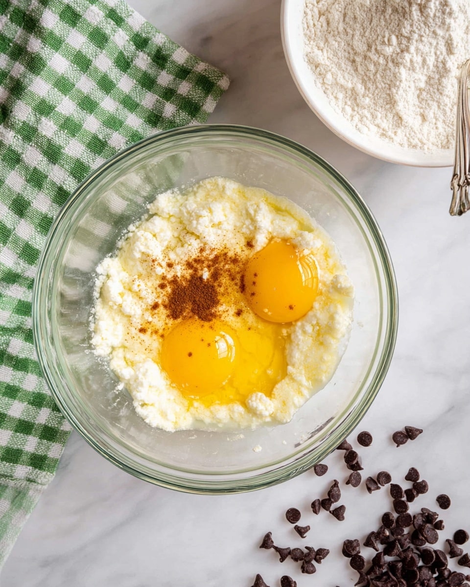 A clear glass bowl sits on a white marbled surface with a green and white checkered cloth beside it. Inside the bowl, there are two yellow egg yolks resting on a white creamy mixture with a slightly grainy texture. A small sprinkle of brown spice, likely cinnamon or nutmeg, is visible on top of the mixture near the eggs. In the upper right corner, there is a white bowl filled with white flour and a fork, with dark brown chocolate chips scattered around it on the surface. Photo taken with an iphone --ar 4:5 --v 7