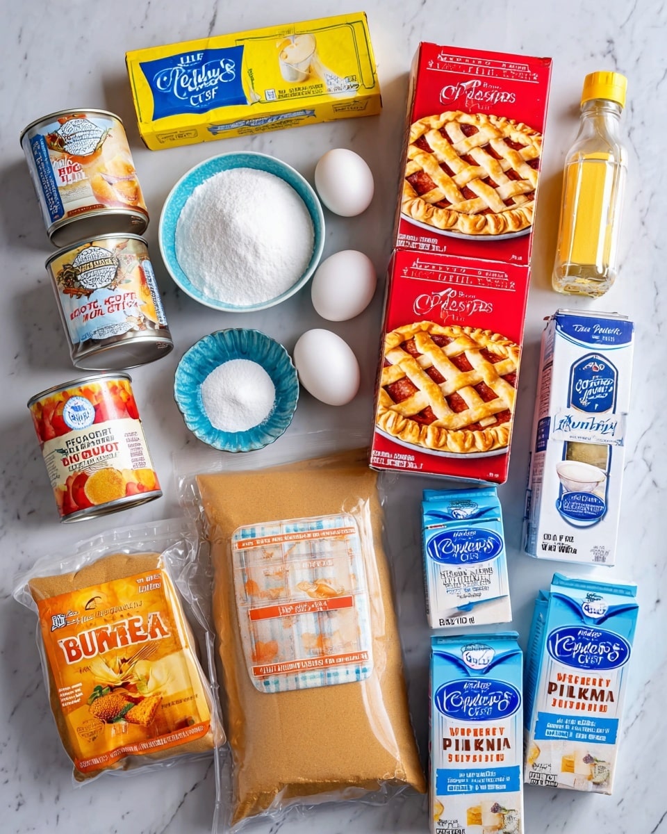 The image shows various baking ingredients neatly arranged on a white marbled surface. There are two red boxes of Pillsbury Pie Crusts stacked vertically, each showing an image of a golden brown pie with a lattice top. Near the top is a stick of salted butter in yellow packaging, and next to it is a small blue bowl filled with white powdered sugar. Two white eggs lie nearby, along with a small jar of pumpkin pie spice. Below these are a box of white powdered sugar with blue and yellow text, and a large clear bag of light brown sugar with orange and yellow labeling. At the bottom left are two cans of pumpkin puree, one slightly behind the other, and next to them are cartons of heavy whipping cream and half and half, both featuring images of frothy drinks. To the right is a blue and white container of fine sea salt. The scene is bright and clean, with all packaging clearly visible and labels facing upward for easy reading. photo taken with an iphone --ar 4:5 --v 7