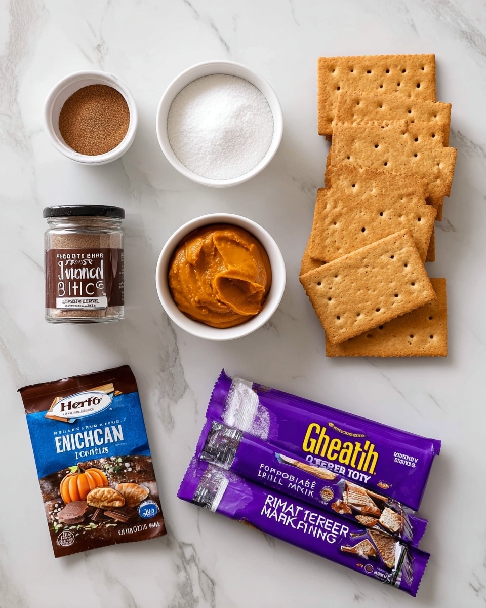 The image shows several ingredients arranged neatly on a white marbled surface. On the right side, there is a stack of seven rectangular golden-brown graham crackers with small holes. Above the crackers, three small white bowls contain different items: the top bowl has a thick smooth orange pumpkin puree, the middle bowl holds a fine white powder resembling powdered sugar, and the uppermost bowl contains a creamy white substance. To the left of the bowls, there is a cinnamon spice jar with brown powder inside and next to it a container of pumpkin pie spice. Above these jars, a brown and blue packet labeled