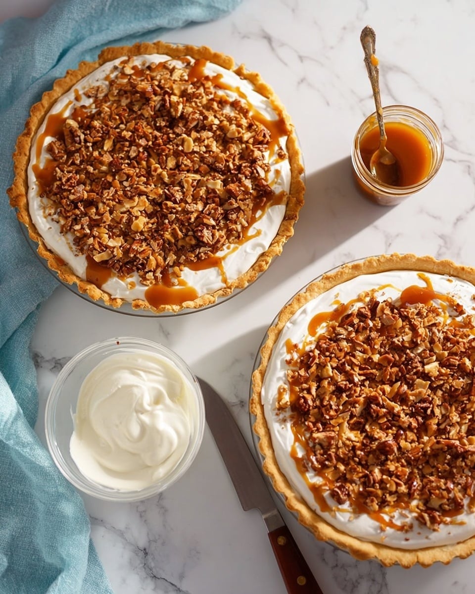 The image shows two pies on a white marbled surface with a light blue cloth nearby. Each pie has three visible layers: the bottom layer is a golden, baked crust with a scalloped edge; the middle layer is a smooth white cream filling spread evenly over the crust; the top layer is a thick, crunchy mix of toasted nuts and coconut, scattered in a rough but full layer covering the cream. One pie has a drizzle of caramel sauce poured unevenly on the top layer, creating glossy brown patches. Nearby is a clear bowl with more white cream and a jar of caramel sauce with a spoon inside, ready to be used. A knife with a brown handle lies next to the pies. The lighting is bright and natural, showing texture and colors clearly. photo taken with an iphone --ar 4:5 --v 7