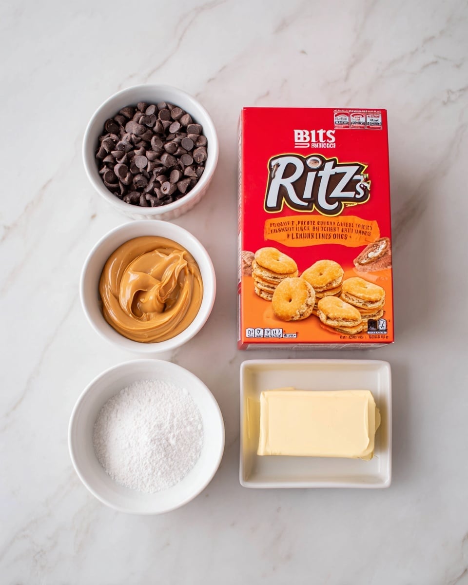 The image shows a set of ingredients on a white marbled surface. There is a box of Ritz Bits peanut butter cracker sandwiches with bright red and orange colors and images of the crackers on the front. To the left of the box, there are three small white bowls arranged vertically; the top bowl is filled with dark brown chocolate chips, the middle bowl holds smooth, light brown peanut butter, and the bottom bowl contains white powdered sugar with a light fluffy texture. Below these bowls is a small white dish with a block of pale yellow butter. Everything is neatly placed and well-lit. photo taken with an iphone --ar 4:5 --v 7