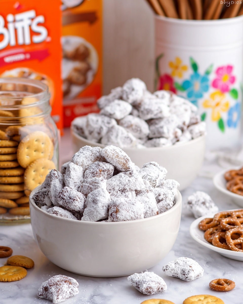 The image shows two white bowls filled with small, irregular-shaped snack pieces covered in powdered white sugar, creating a snowy texture on the surface. The bowl in the front is full to the top with these powder-coated snacks, showing a rough texture under the sugar. Behind it, another white bowl also holds a similar snack pile, but with some spots less coated, showing a bit of a darker, chocolatey brown color beneath the powder. To the left, there is a small clear glass jar filled with golden round crackers, and scattered around the bowls are a few loose crackers. In the background on the right, a white container with colorful flowers painted on it holds wooden spoons. Also visible in the distant background is a blurry orange box with an image of mini round pretzels stacked in a pyramid. The whole setup rests on a white marbled surface. photo taken with an iphone --ar 4:5 --v 7