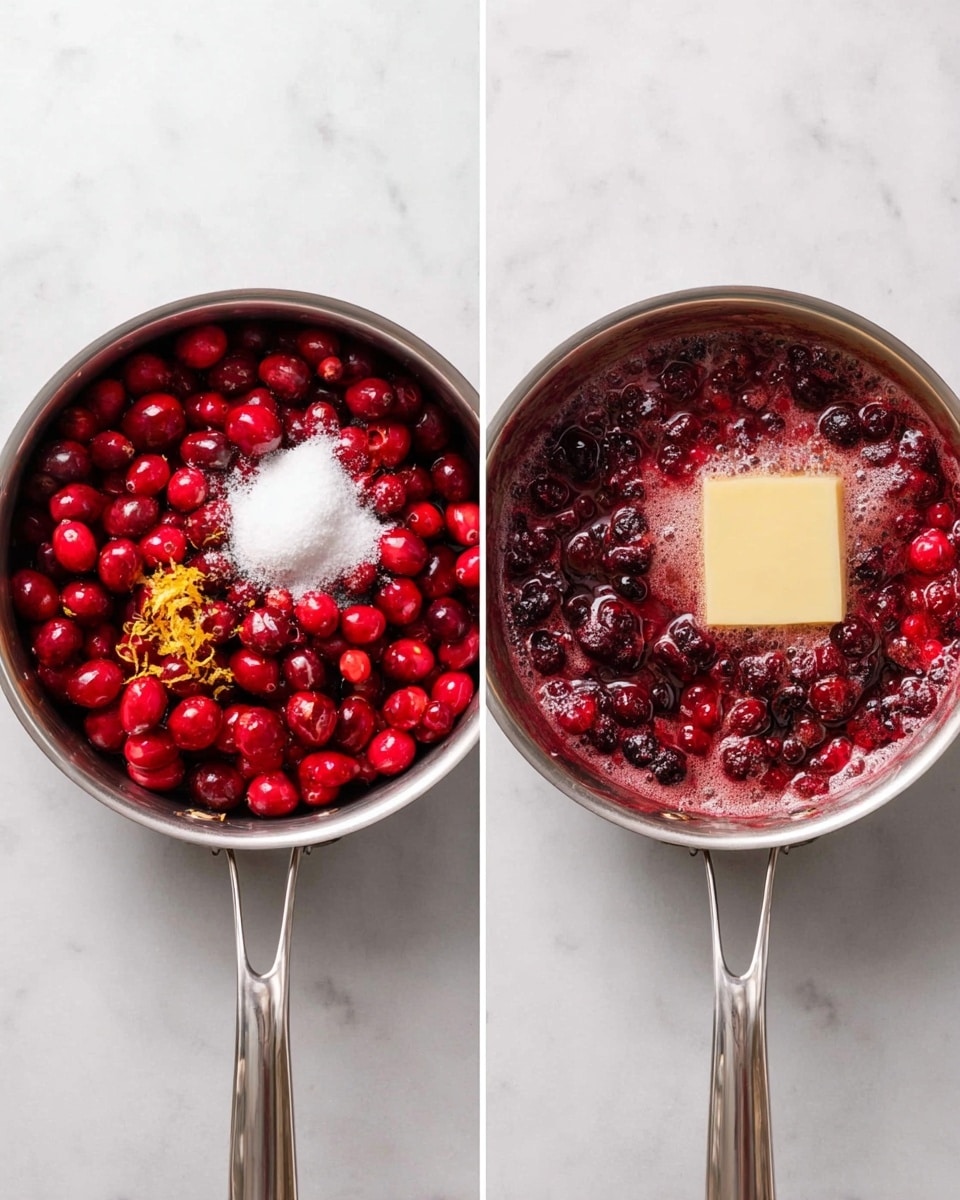 The image shows two stages of cooking cranberries in a silver pan with a handle on a white marbled surface. On the left, fresh bright red cranberries fill most of the pan, with a single mound of white granulated sugar and some small orange zest pieces on one side. On the right, the cranberries have started to break down, turning dark red and bubbly with a foamy texture, and a square of yellow butter melting on top near the center. The pan handle points downward in both images. photo taken with an iphone --ar 4:5 --v 7