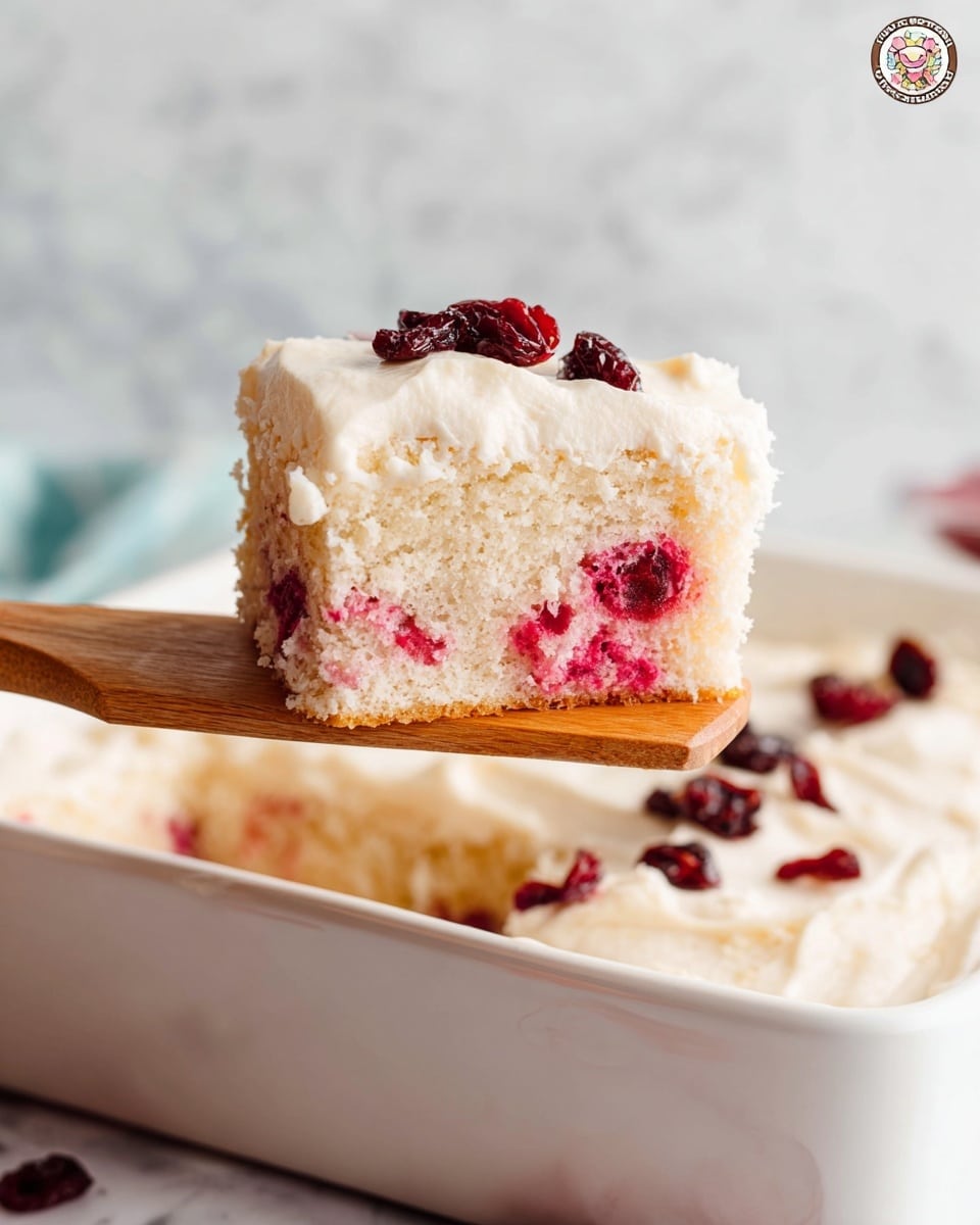 A single slice of cake is shown on a wooden spatula. The cake has two layers; the bottom layer is light-colored with soft, spongy texture and pinkish-red spots inside it. The top layer is cream-colored and smooth, looking like a thick frosting. Small dark red dried fruit pieces are placed on the top of the frosting. The cake stands above a white baking dish filled with the same cake, and there are more dried fruit pieces scattered around on a white marbled surface in the background. Photo taken with an iphone --ar 4:5 --v 7