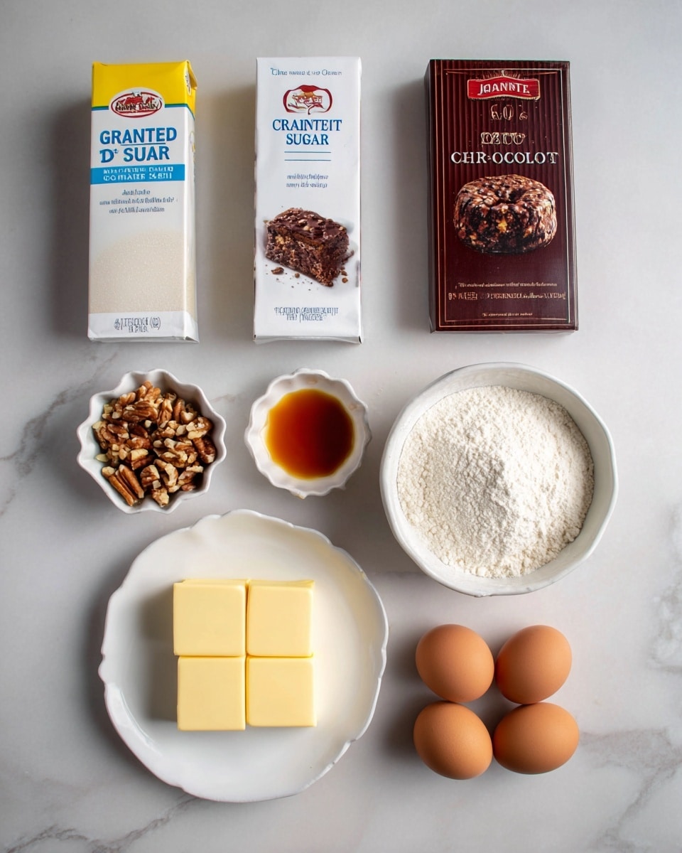 The image shows baking ingredients neatly arranged on a white marbled surface. At the top are two rectangular boxes: the left one is mostly white with yellow and blue text for granulated sugar, and the right one is dark brown with a chocolate cake image in the center, labeled 60% cacao baking chocolate. To the right of these boxes is a small white scalloped bowl filled with chopped nuts, and next to it is a small white round bowl with amber-colored liquid. Below, a large white bowl holds white flour, next to it is a white round plate with three rectangular blocks of yellow butter. At the bottom of the image, three brown eggs are lined up side by side. The photo taken with an iphone --ar 4:5 --v 7