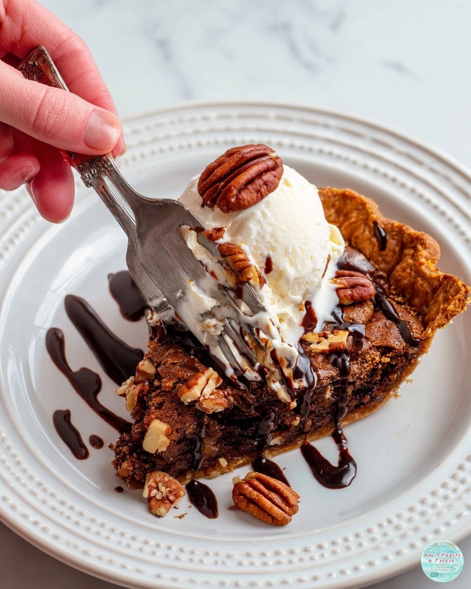 A white plate with a decorative edge holds a slice of dark brown pecan pie with a crumbly texture at the edges and a soft, glossy filling in the center. On top of the pie slice is a scoop of smooth, white vanilla ice cream, drizzled with dark chocolate sauce that flows down onto the plate. A whole pecan nut sits on the ice cream, while small pieces of pecan are scattered around. A silver fork held by a woman's hand is cutting into the pie and ice cream, pressing into the soft filling and creamy scoop. The plate rests on a white marbled surface. photo taken with an iphone --ar 4:5 --v 7