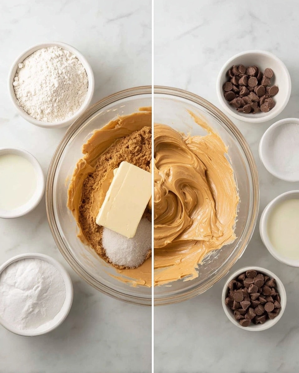 The image shows two side-by-side scenes set on a white marbled surface. On the left, there is a large clear glass bowl in the center containing four unmixed ingredients arranged in separate parts: creamy peanut butter with a smooth texture and light brown color on the bottom left, a rectangular block of butter in the middle, brown sugar with a crumbly texture at the top, and white granulated sugar at the bottom right. Surrounding the bowl are three small white bowls with ingredients: white flour with a powdery texture on the top left, light beige liquid (likely milk) on the top center, and dark brown chocolate chips on the top right. On the right side, the same clear glass bowl contains a swirled mixture of tan peanut butter and light beige liquid partially mixed together. The bowls and ingredients are all placed on the white marbled surface, with soft even lighting. photo taken with an iphone --ar 4:5 --v 7