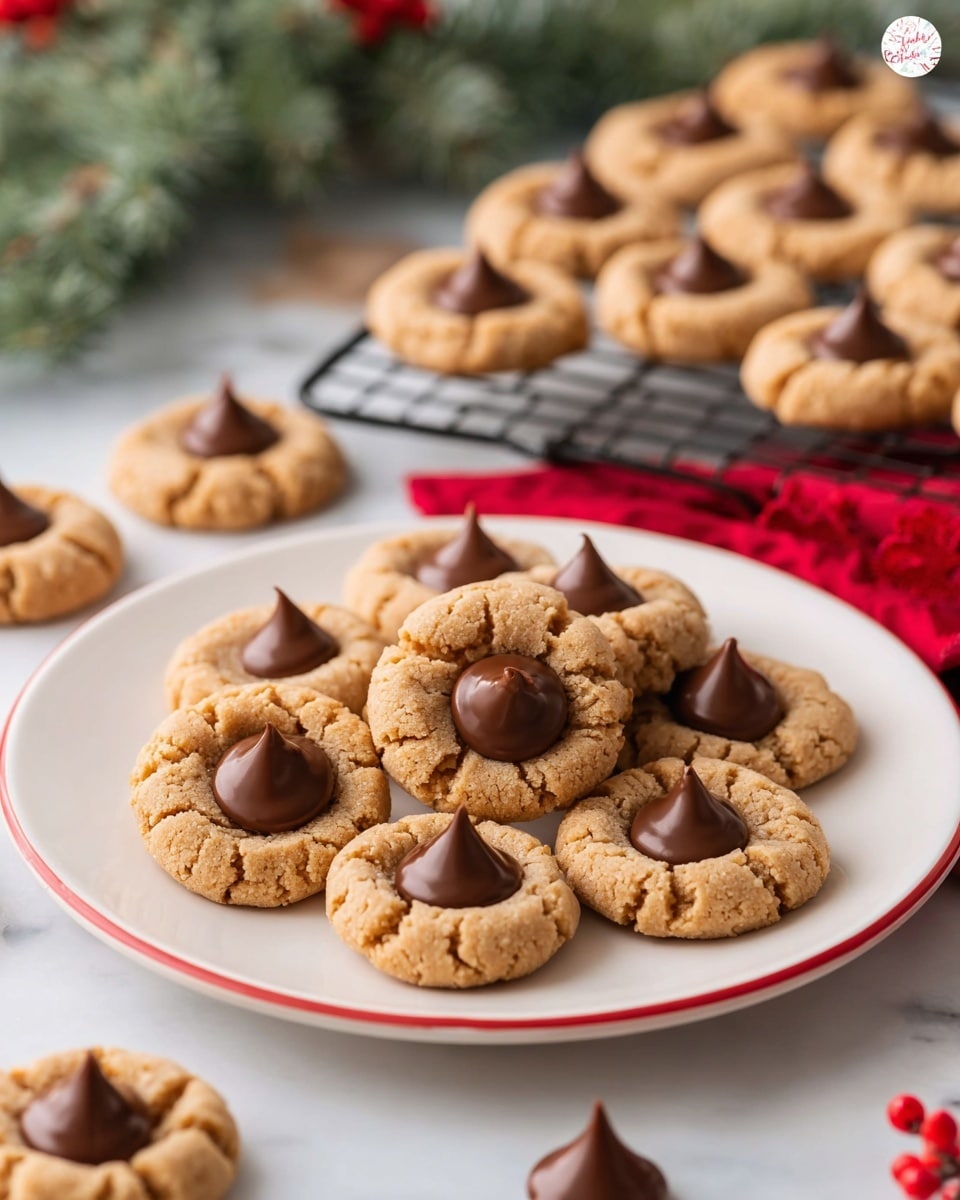 A white plate with red handles is full of light brown peanut butter cookies, each having a smooth, glossy dark brown chocolate kiss in the center. The cookies are soft and cracked slightly on the surface, showing texture. Behind the plate, there is a black cooling rack holding more cookies arranged in neat rows, and a few extra chocolate kisses are scattered on the white marbled surface. In the background, green pine branches add a festive touch, and the overall scene is bright and cozy with a holiday feel. Photo taken with an iphone --ar 4:5 --v 7