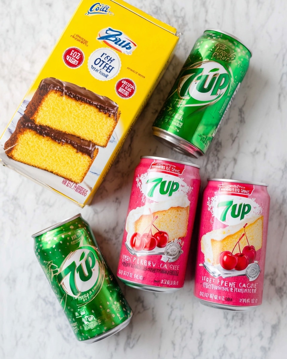 The image shows a yellow cake mix box with a slice of yellow cake with two layers separated by a brown chocolate-like layer, leaning to the left on a white marbled surface. To the right, there are two green soda cans with