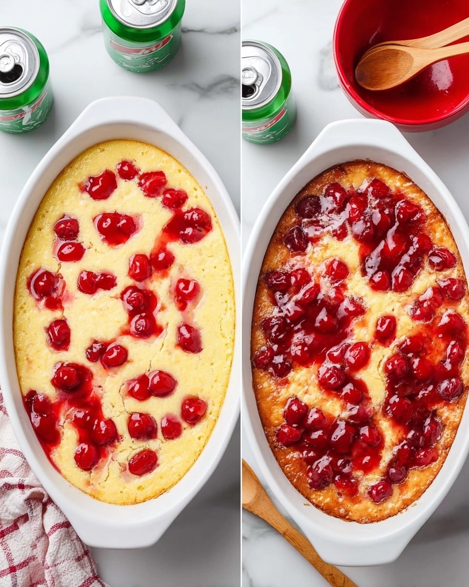 The image shows two white oval baking dishes side by side on a white marbled surface. The dish on the left has a yellow cake-like batter base with uneven dollops of bright red cherry topping scattered on top. The dish on the right displays the baked version with a golden brown crust and the red cherry topping slightly sunken in spots, creating uneven pools of glossy red over the surface. Around the dishes are two green cans of 7Up and two red bowls with wooden spoons resting inside, adding a rustic touch to the scene. Photo taken with an iphone --ar 4:5 --v 7