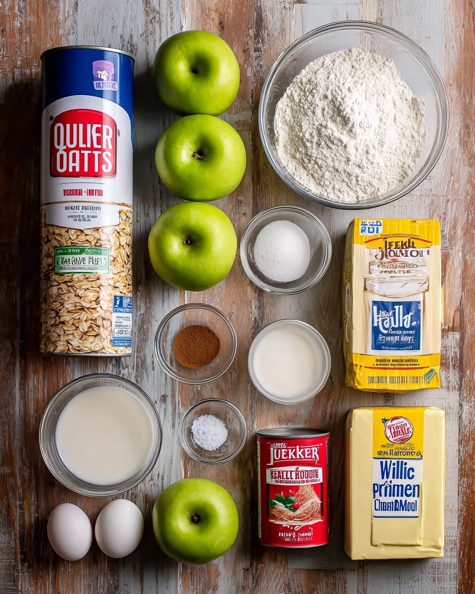 The image shows a flat lay of various baking ingredients arranged neatly on a wooden surface with a white marbled texture. On the left, a tall cylindrical container of Quaker Oats with a red and blue label stands prominently. Next to it are three bright green apples stacked vertically. To the right of the apples, there is a clear glass bowl filled with white flour. Below the flour, a set of smaller items includes a small glass bowl of white granulated sugar, a glass filled with milk, and a small glass bowl of powdered sugar. A container of ground cinnamon and two white eggs are placed near the bottom center. On the right side, there is a box of Jell-O vanilla pudding mix in yellow packaging, a carton of heavy whipping cream with a red and white design, a small red canister of baking powder, a box of pure vanilla extract in mostly white packaging, and a stick of butter with yellow wrapping at the bottom. All items are spaced closely in a rectangular layout. photo taken with an iphone --ar 4:5 --v 7