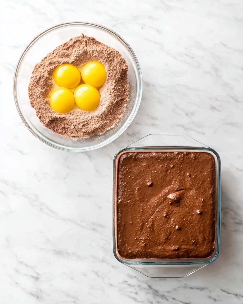 The image shows two side-by-side views of a baking process on a white marbled surface. On the left, there is a clear glass bowl with three bright yellow eggs resting on top of a dry light brown powder mix and dark brown liquid, creating a rough textured mix in layers. On the right, a clear rectangular glass baking dish contains a smooth, thick layer of chocolate batter that is medium brown with small air bubbles spread evenly in the mix, filling the dish. Photo taken with an iphone --ar 4:5 --v 7