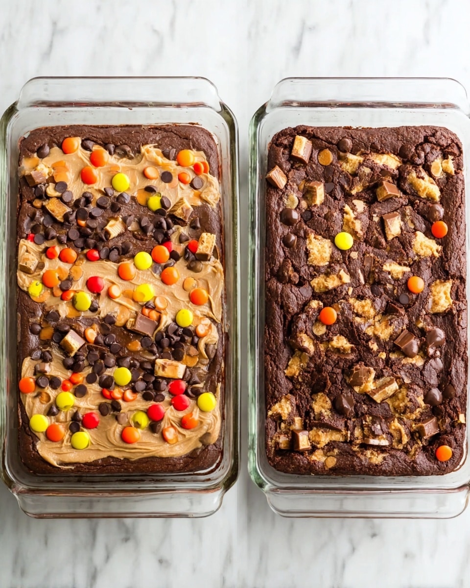 A glass rectangular baking dish shows two states of a chocolate dessert on a white marbled surface. The left side shows the unbaked dish with three layers: the bottom is smooth, dark brown chocolate batter; the middle has creamy light brown swirls unevenly spread; the top is scattered with mini dark chocolate chips and colorful mini candy pieces in orange, yellow, and red, with small broken peanut butter cup pieces mixed around. The right side shows the baked version with a risen, textured chocolate surface that is darker brown and cracked, revealing gooey lighter areas underneath. The candy pieces and peanut butter cup chunks are melted partially into the top, adding rough texture and spots of color. photo taken with an iphone --ar 4:5 --v 7