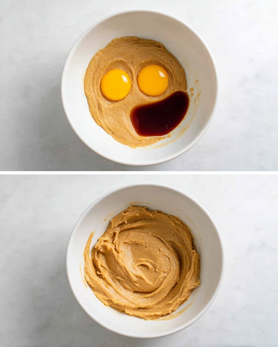 A white bowl on a white marbled surface holds thick cookie dough in two images side by side. In the first image, there is a thick light brown dough layer, with two bright yellow egg yolks and a small pool of dark brown vanilla liquid on top, creating a face-like shape. In the second image, the dough is fully mixed into one smooth, light brown layer with a creamy texture, spreading evenly inside the white bowl. Photo taken with an iphone --ar 4:5 --v 7