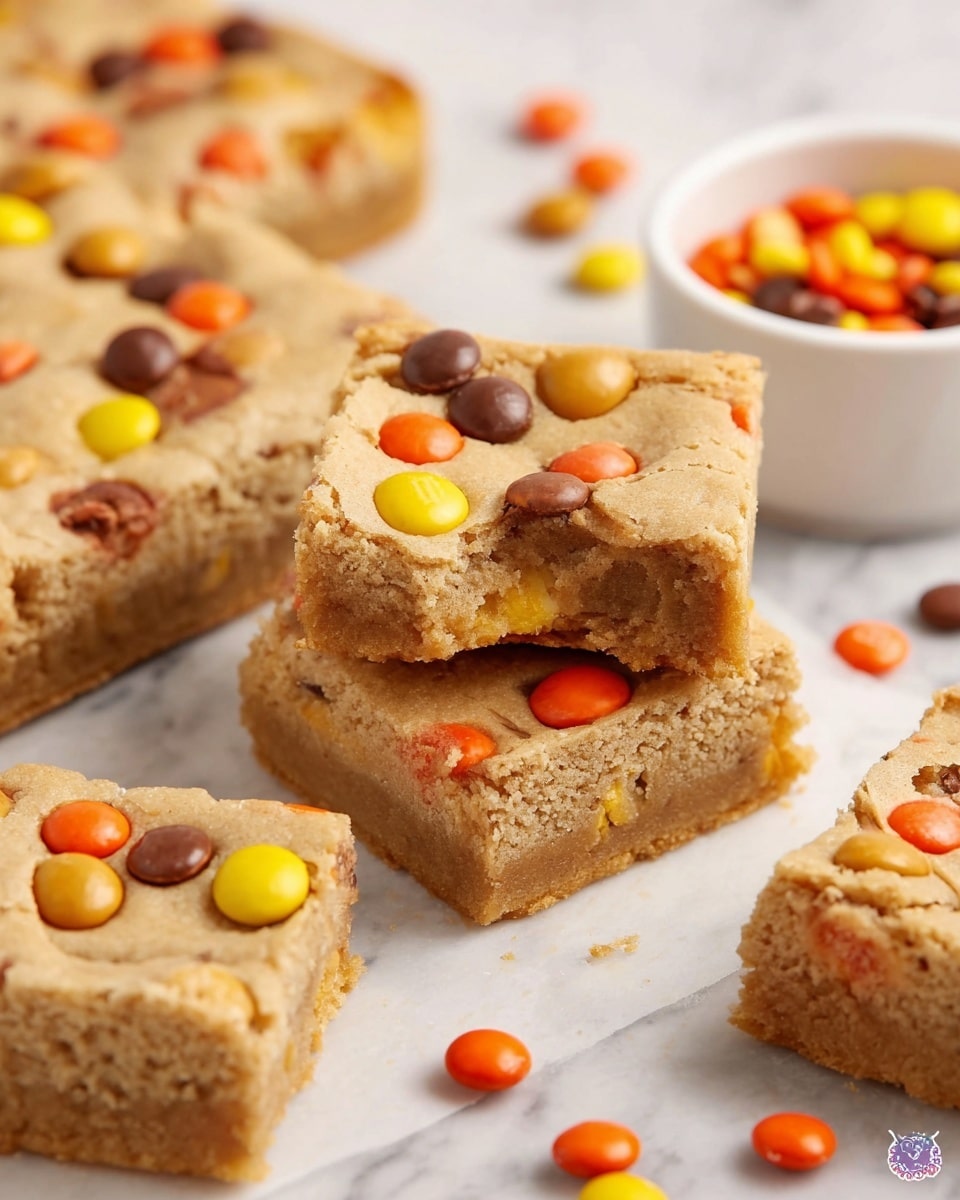 The image shows several square blondie bars with a light golden brown color and a soft, dense texture. Each bar is topped with colorful candy-coated chocolates in orange, yellow, and brown, some of which are partly melted into the batter. One blondie is placed on top of another with a bite taken out of it, revealing the chewy inside and candies embedded in the middle. The bars are arranged on a white marbled surface with a white bowl of similar candies visible in the background. Photo taken with an iphone --ar 4:5 --v 7