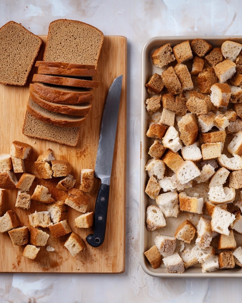 The image shows two parts side by side on a white marbled surface. On the left, there is a wooden cutting board with several slices of brown bread stacked at the top and many small bread cubes scattered below. A large knife with a black handle lies to the right of the bread pieces on the board. On the right, there is a white baking tray filled with irregular pieces of two types of bread: darker brown bread cubes at the top and lighter, torn white bread pieces at the bottom. The scene is well-lit and the textures of the bread and wood are clear. Photo taken with an iphone --ar 4:5 --v 7