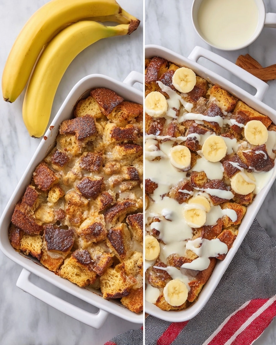 The image shows a white rectangular baking dish filled with a layered bread pudding. The base layer consists of light golden-brown bread pieces with a soft texture, mixed with darker, richly browned bread chunks scattered evenly on top. On the right side of the image, the pudding is drizzled with thick, creamy white sauce in thin lines across the surface and topped with evenly spread slices of fresh banana. The dish is placed on a white marbled surface next to two whole yellow bananas and a small white cup filled with cream in the background, alongside a gray and red striped cloth. Photo taken with an iphone --ar 4:5 --v 7