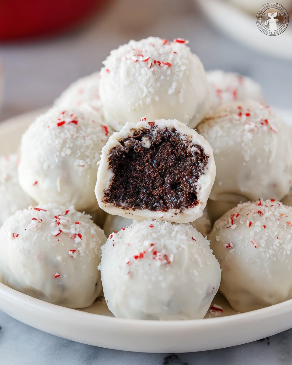 The image shows a close-up of white-coated round treats stacked together, with one treat in the center cut open to show a dark brown, moist, and crumbly inside. The outer white layer looks smooth with some small red sprinkles and tiny white flakes on top. The treats have a shiny, slightly textured coating and are placed on a white plate, all set on a white marbled surface. photo taken with an iphone --ar 4:5 --v 7