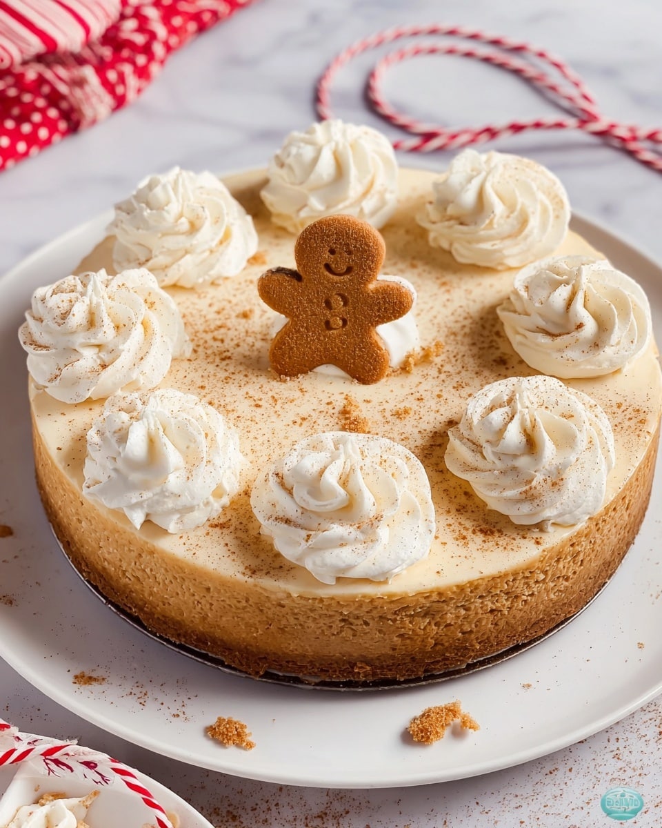 The image shows a round, light brown cheesecake on a white plate. The cheesecake has eight swirls of white whipped cream on top, spread evenly around the edge, with a larger swirl in the center. The center swirl is topped with a small gingerbread cookie shaped like a person. There are small crumbs of the cookie scattered on the cheesecake's surface and a light dusting of brown spice sprinkled over the whipped cream and cheesecake. The plate is set on a white marbled surface with some red and white striped string in the background. photo taken with an iphone --ar 4:5 --v 7