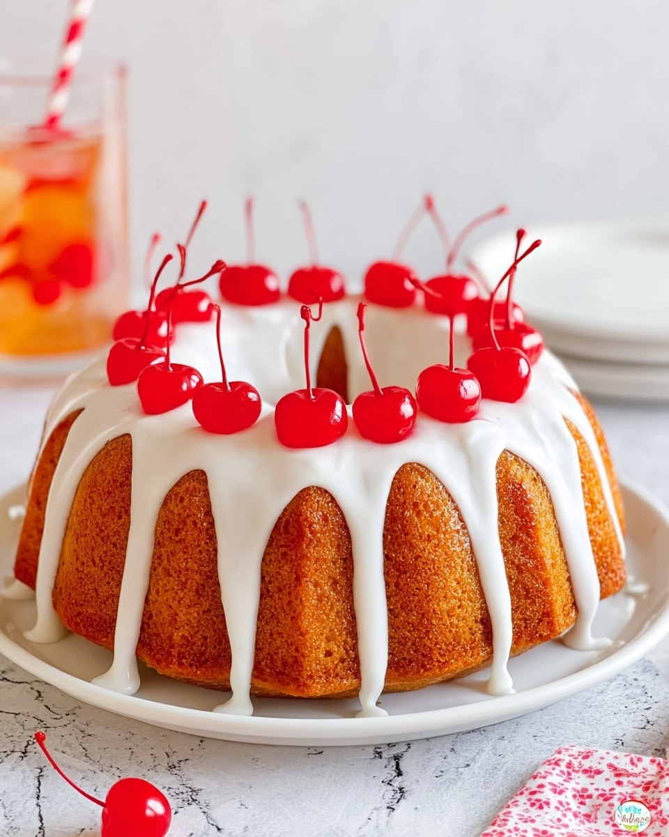 A golden brown bundt cake with a smooth white glaze dripping down its sides, sitting on a bright white plate. On top of the glaze, there is a ring of shiny red cherries each with long stems evenly spaced around the cake. The background shows a white marbled surface and a blurred glass with a red and white striped straw and a cherry inside. The overall look is clean and bright with a fresh and inviting feel. photo taken with an iphone --ar 4:5 --v 7