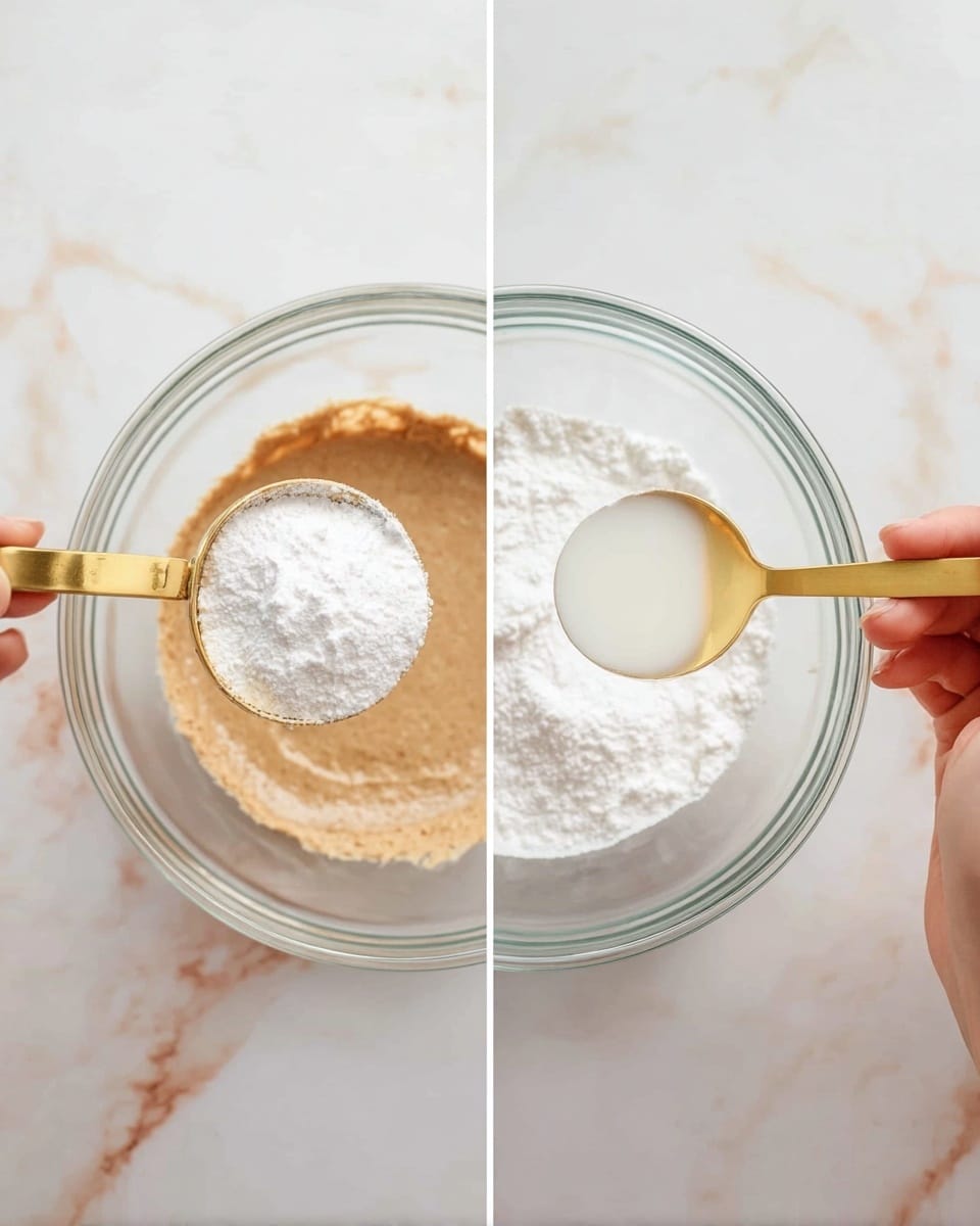 The image shows two side-by-side photos of a clear glass bowl placed on a white marbled surface. Inside the bowl, there is a base layer of light brown paste. In the left photo, a woman's hand is holding a gold metal measuring spoon filled with white powder above the bowl. In the right photo, a woman's hand holds the same kind of gold measuring spoon filled with white liquid above the bowl where the white powder rests on top of the brown paste. Photo taken with an iphone --ar 4:5 --v 7