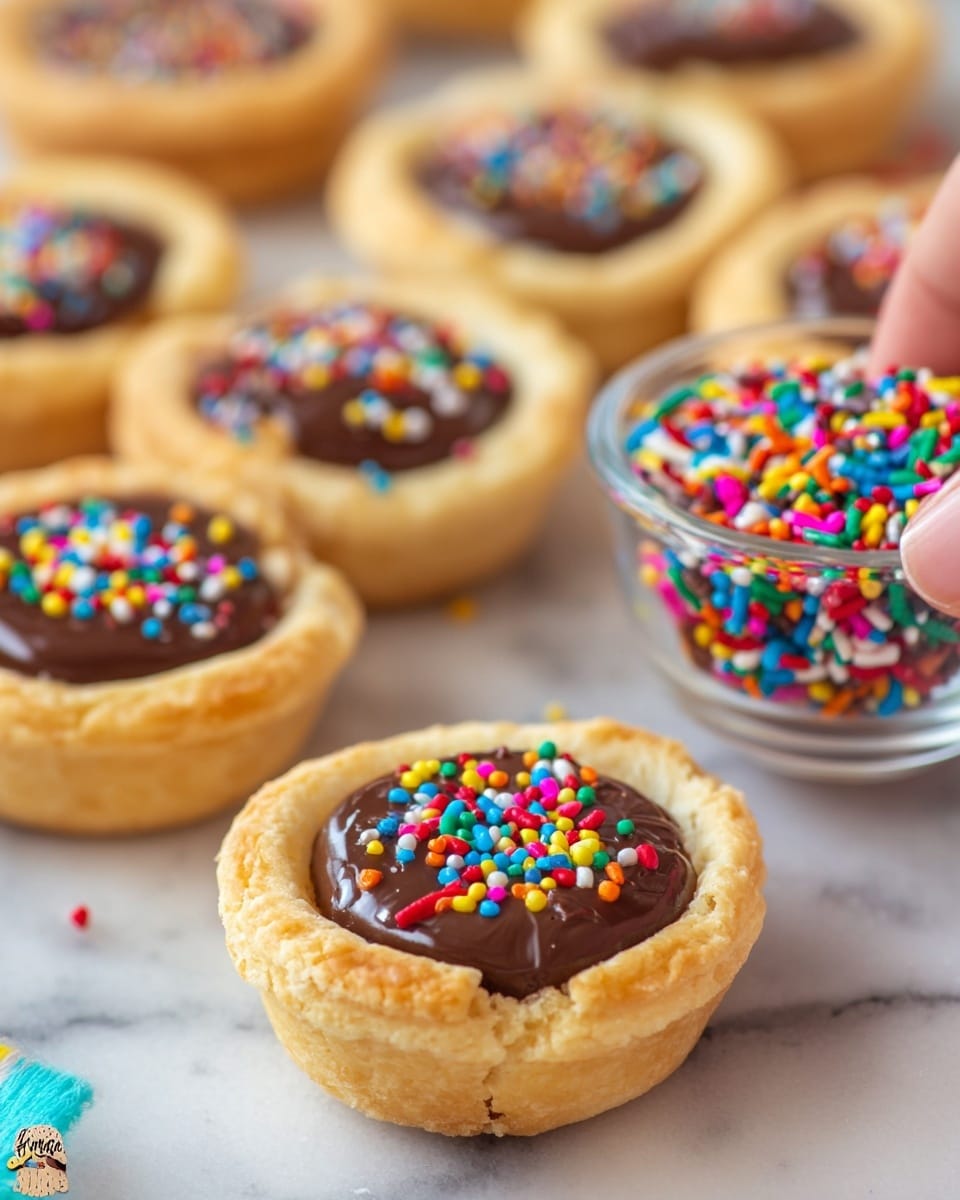 The image shows small round tarts with three visible layers: the bottom and edge layer is a light golden, flaky pastry shell, the middle layer is a smooth, glossy dark brown chocolate filling, and the top layer is colorful, small sprinkle candies scattered across the chocolate. There are multiple tarts in the foreground and some blurred in the background, all placed on a white marbled surface, with a small clear bowl filled with the same colorful sprinkles near the center. One tart is held at the top right by a woman's hand. The scene is bright and close up, focusing on the texture and colors of the treats. photo taken with an iphone --ar 4:5 --v 7