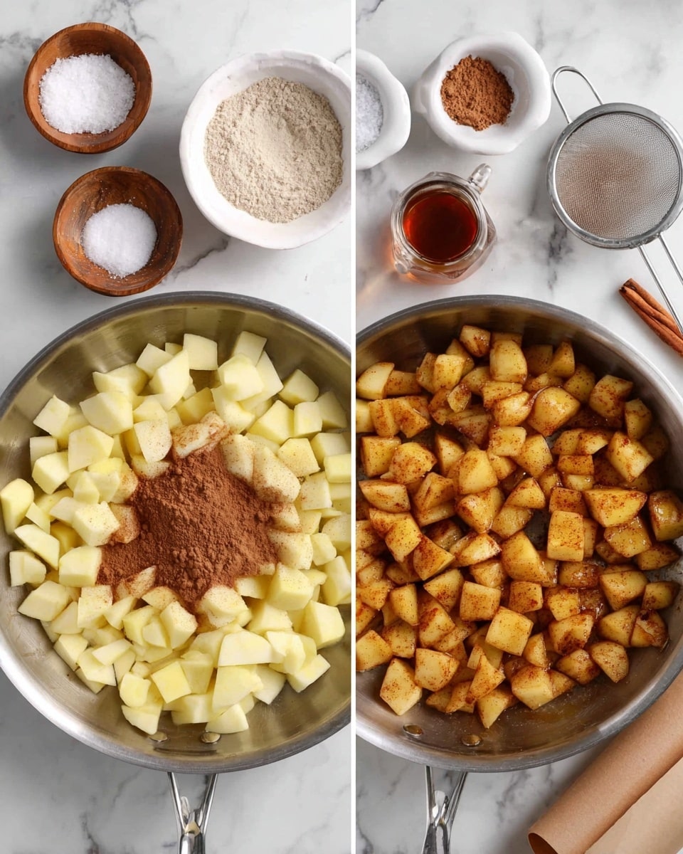 The image shows a top view of a shiny metal pan on a white marbled surface with diced apples inside. On the left side, the apples are raw and pale yellow, with a pile of brown cinnamon powder on top in the center. Around the pan on the surface, there are small wooden and white bowls with ingredients like sugar, vanilla extract, and salt. On the right side, the apples in the pan are cooked, turning golden brown and coated evenly with cinnamon, giving them a warm, textured look. Next to the pan is a metal sifter and a rolled piece of parchment paper on the white marbled surface. photo taken with an iphone --ar 4:5 --v 7