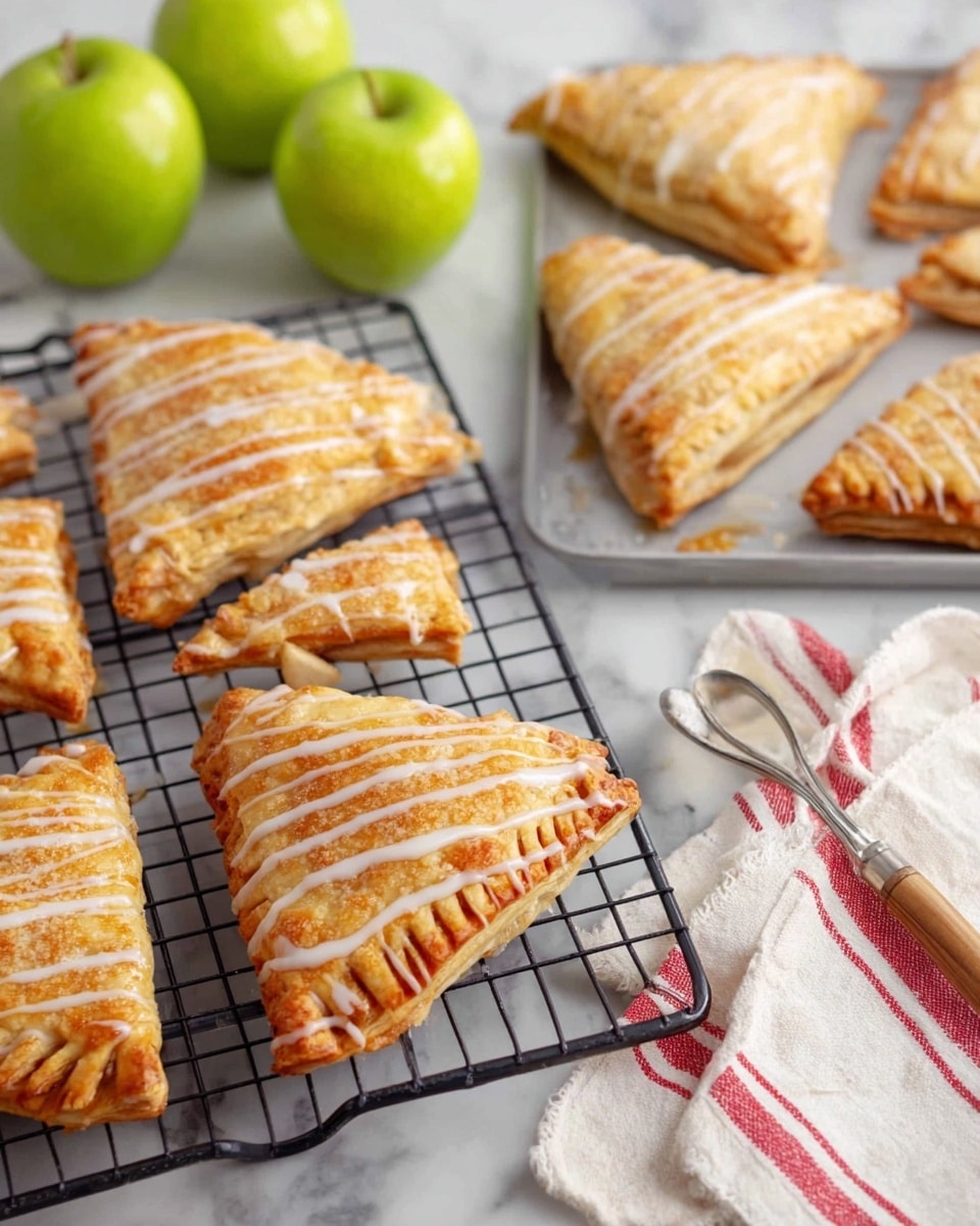 The image shows golden brown triangular pastries arranged on a black cooling rack, each layered with flaky and crispy texture, and topped with a white glaze drizzled in thin lines across the surface. The pastries have a slightly puffed look with crimped edges for a sealed appearance. In the background, there are several green apples adding a fresh touch. The scene is set on a white marbled surface with a white cloth featuring red stripes casually placed nearby. Photo taken with an iphone --ar 4:5 --v 7