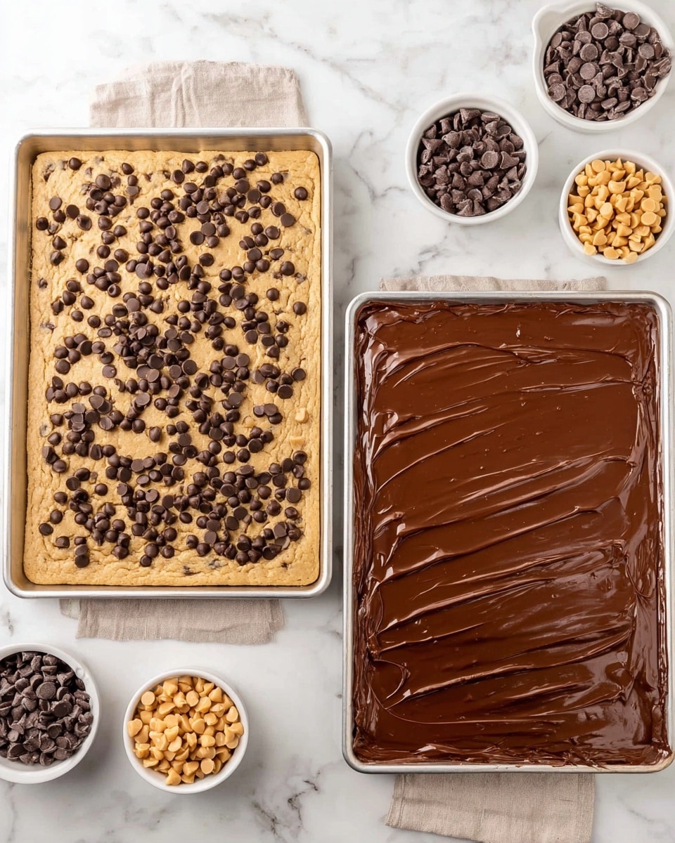 The image shows two baking sheets on a white marbled surface, each holding a different stage of a dessert. On the left, the baking sheet contains a light golden brown, soft cookie base evenly covered with scattered dark chocolate chips. On the right, another baking sheet holds the same cookie base now completely covered with a smooth, shiny layer of rich chocolate, with visible gentle swirls created by spreading. Small white bowls with extra chocolate chips and butterscotch chips are placed nearby. Photo taken with an iphone --ar 4:5 --v 7